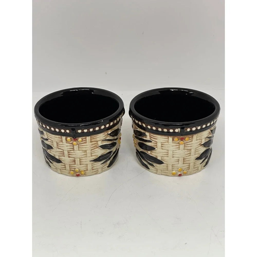 Temp-tations Ramekins Black Old World Basket Weave Ceramic 6oz Set of 2